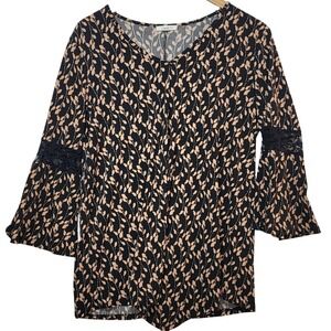 Ava James Womens Black Tan Leaf Print Bell Sleeve Lace Insert V-Neck Blouse M